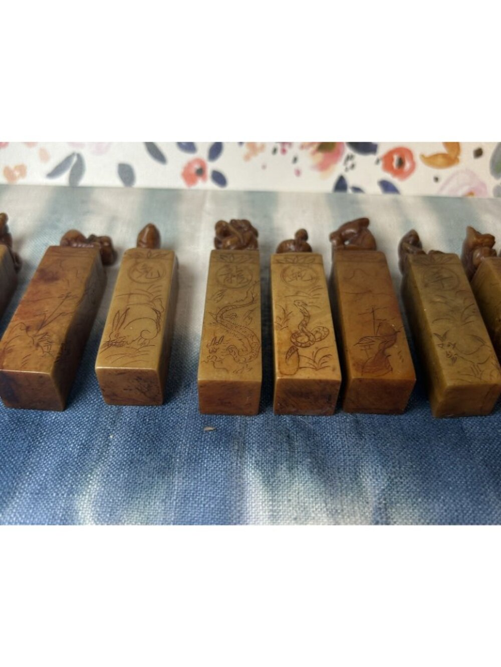 Carved Red Soapstone Seal Stamp Zodiac Set 12 Pieces Antique Chinese Asian 3” - Picture 8 of 16